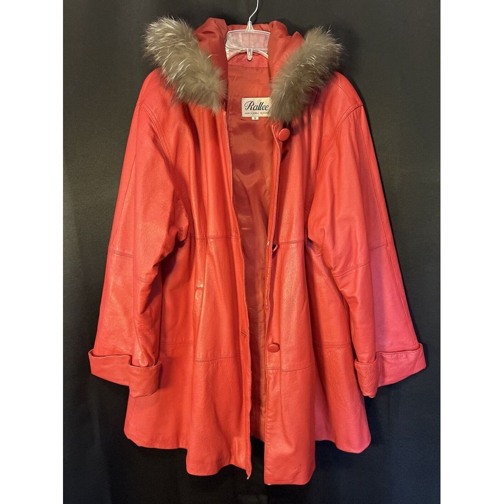 VTG Women Rallee Red Leather Oversized Winter Coat w/ Silver Fox Fur Lined Hood